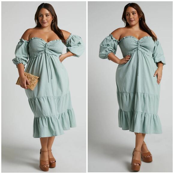 Showpo Nikka Shirred Off The Shoulder Puff Sleeve Midi Dress in Sage Size 10 - Picture 2 of 10